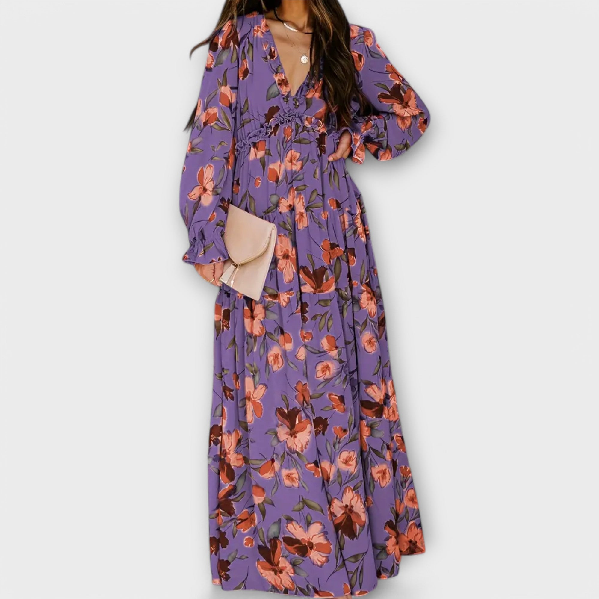 Aldona | Vestido Maxi Floral com Decote V e Tecido Plissado