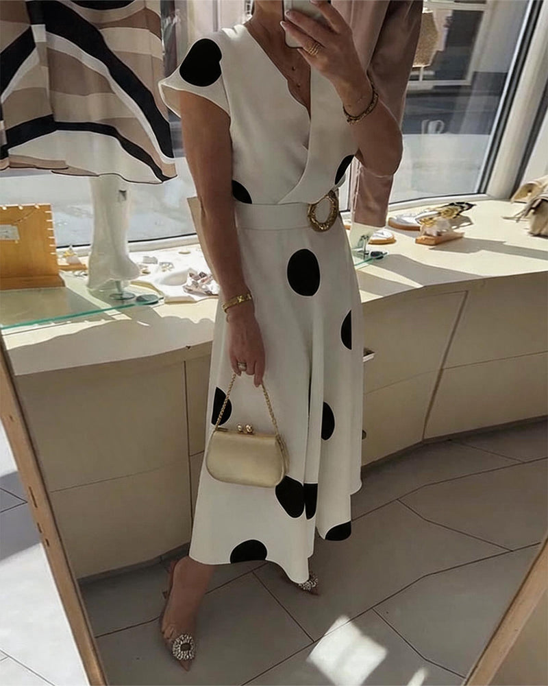 Lorena - Vestido midi para mulher com bolinhas e decote em V