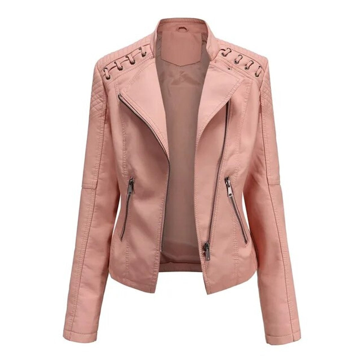 Adriana | Casaco de Couro Sintético Mulher Biker com Detalhes nos Ombros