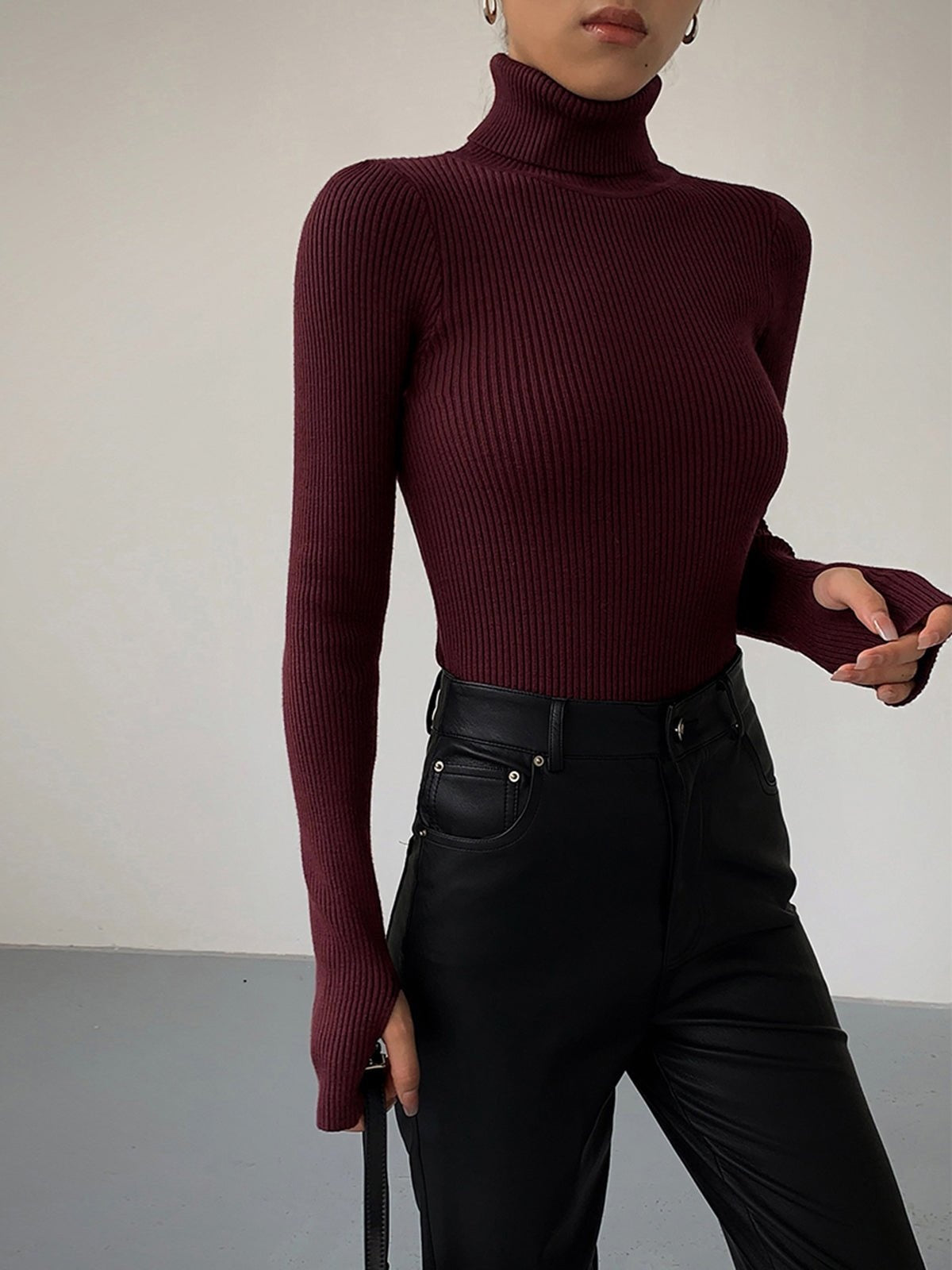 Ana | Camisola de Malha Canelada Mulher Gola Alta Manga Comprida