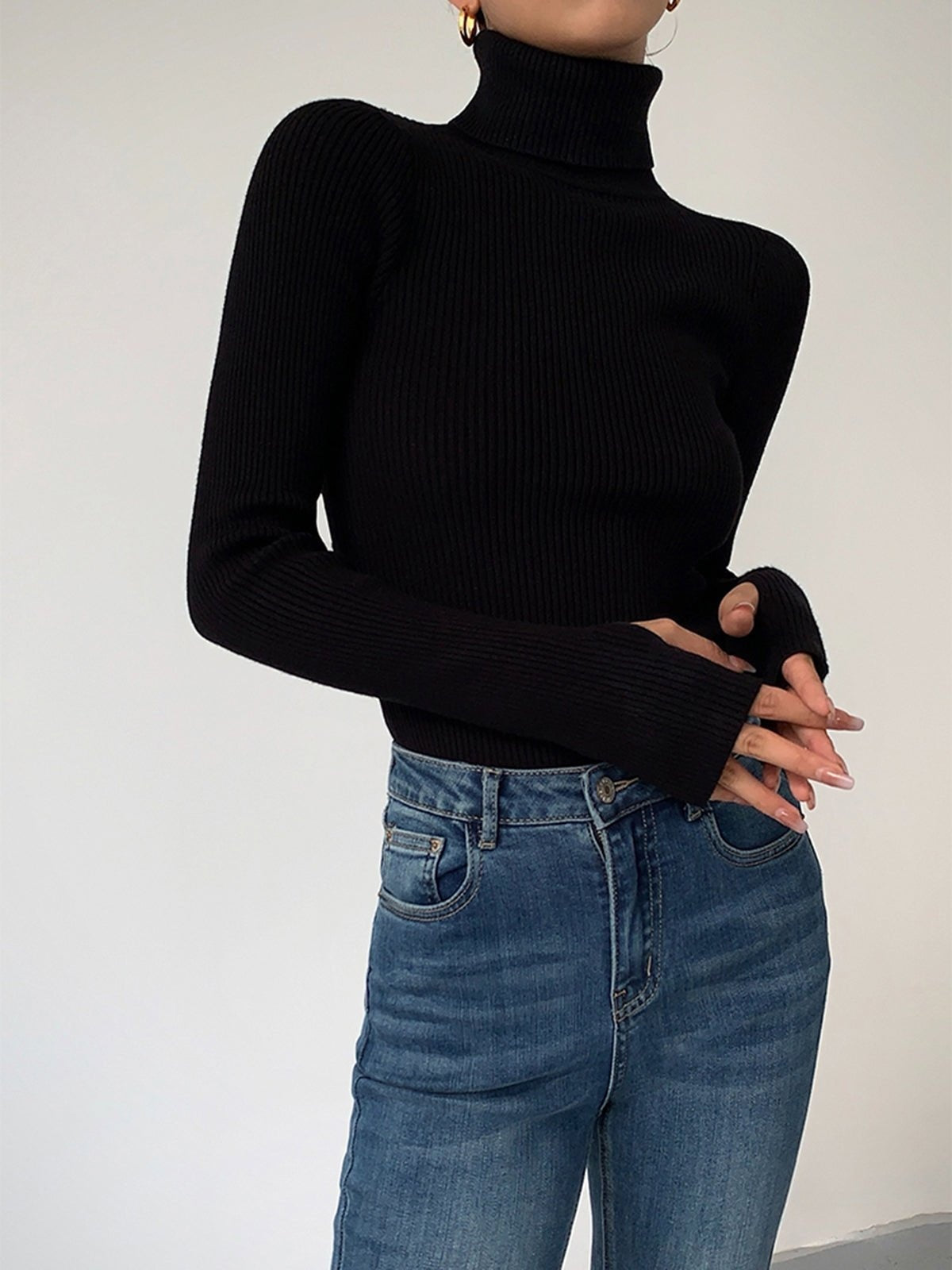 Ana | Camisola de Malha Canelada Mulher Gola Alta Manga Comprida