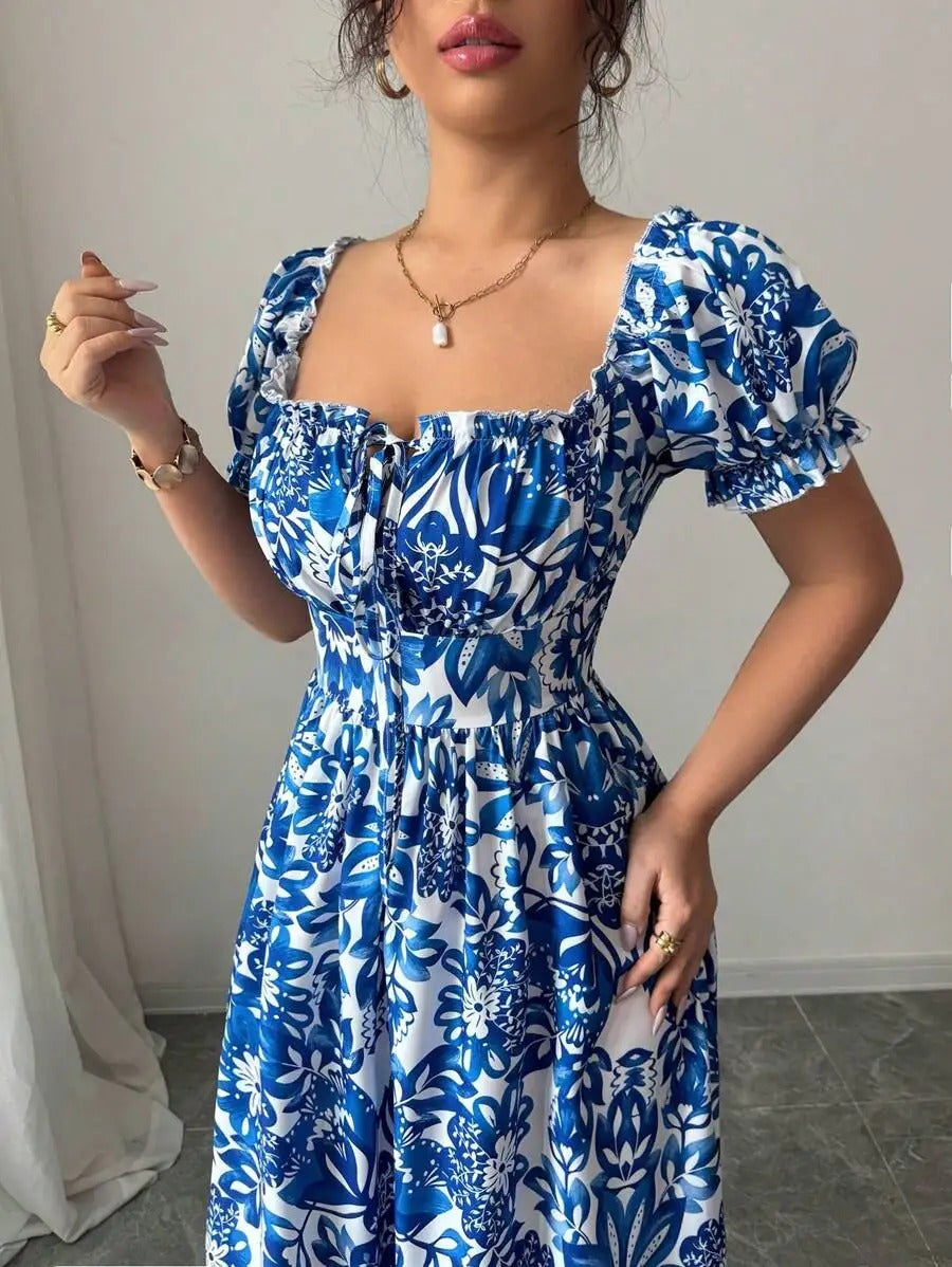 Inês | Vestido Longo Floral com Decote Quadrado e Mangas Bufantes