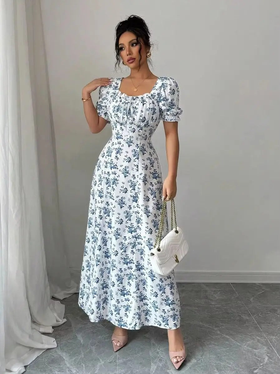 Inês | Vestido Longo Floral com Decote Quadrado e Mangas Bufantes
