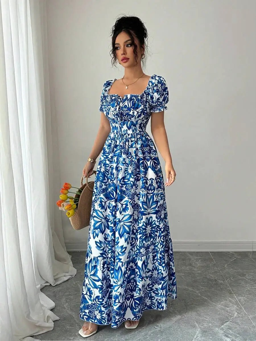 Inês | Vestido Longo Floral com Decote Quadrado e Mangas Bufantes