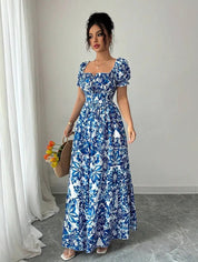 Inês | Vestido Longo Floral com Decote Quadrado e Mangas Bufantes