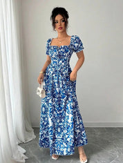Inês | Vestido Longo Floral com Decote Quadrado e Mangas Bufantes
