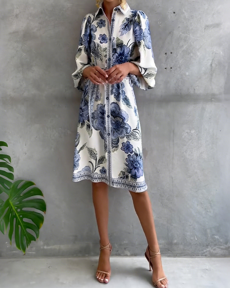 Rosalva - Robe Manga Lanterna Colar Crantado Impresso para Mulher