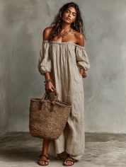 Madalena | Vestido Comprido em Algodão e Linho com Ombros Descobertos