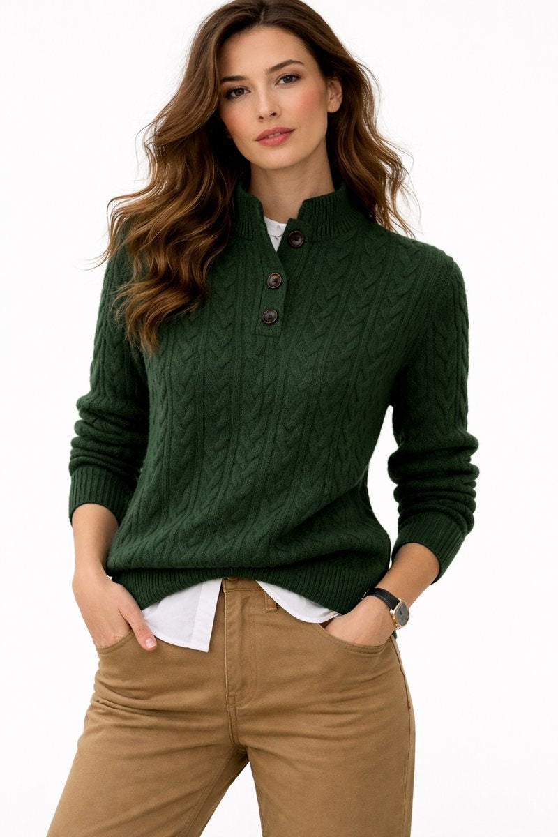 Beatriz | Camisola de Lã Mulher Tricô Trançado Gola com Botões