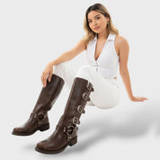 Bruna | Botas de Pele Mulher Cano Alto Fivelas Moto