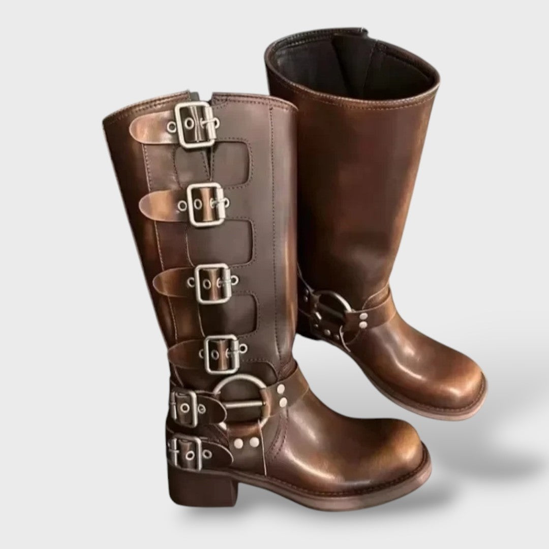 Bruna | Botas de Pele Mulher Cano Alto Fivelas Moto