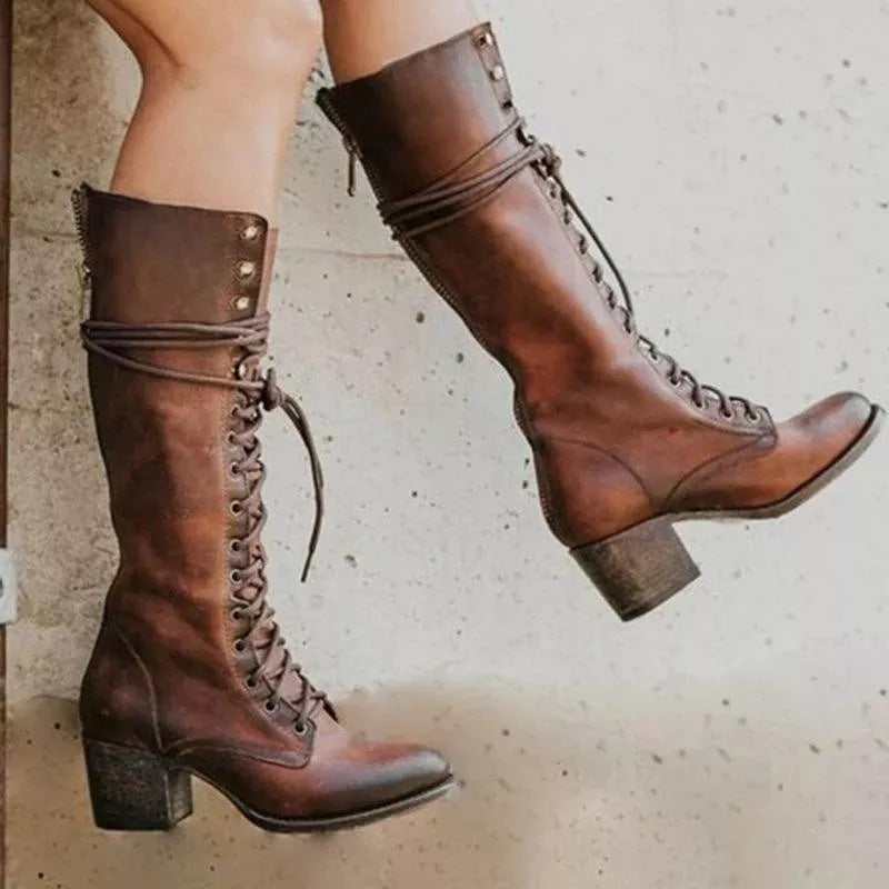 Bruna | Botas Militares de Couro Mulher Cano Alto com Atacadores