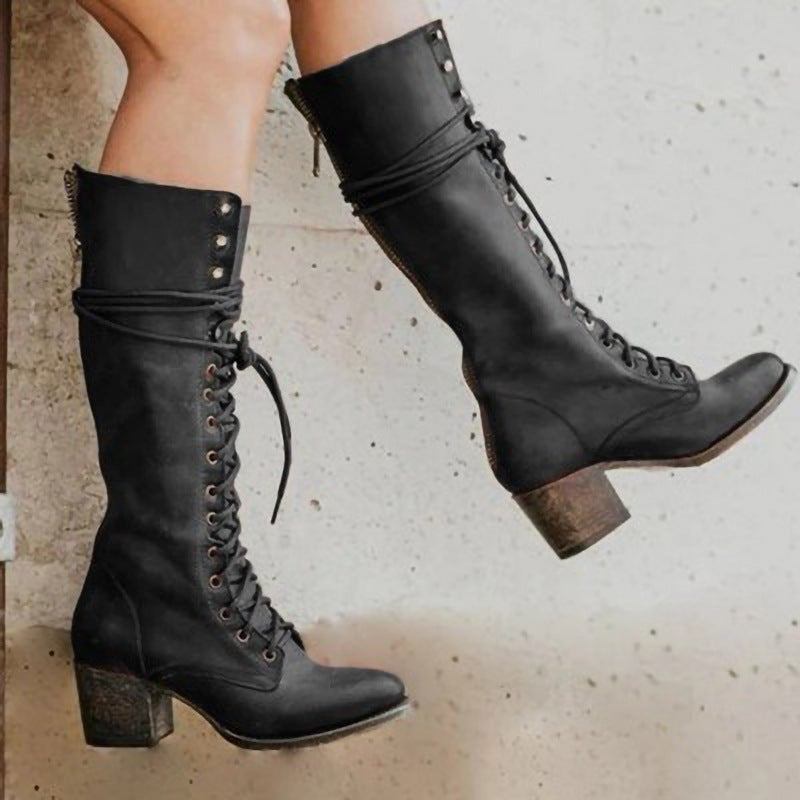 Bruna | Botas Militares de Couro Mulher Cano Alto com Atacadores