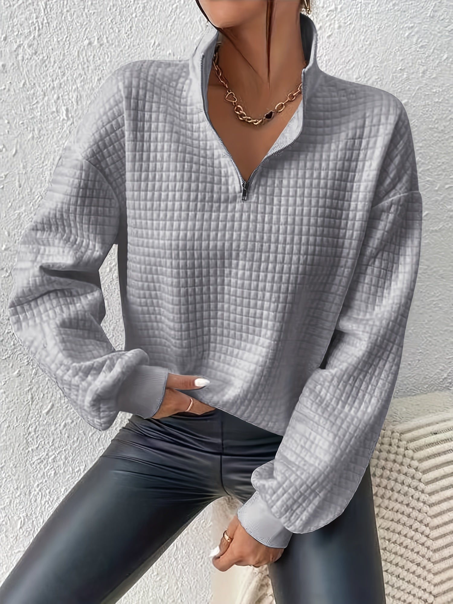 Bruna | Camisola com Fecho Mulher Quarter Zip Textura Waffle