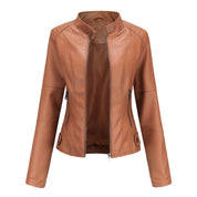 Bruna | Casaco Couro Mulher Biker Gola Mandarim Fecho Frontal
