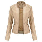 Bruna | Casaco Couro Mulher Biker Gola Mandarim Fecho Frontal