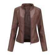 Bruna | Casaco Couro Mulher Biker Gola Mandarim Fecho Frontal