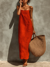 Vestido de Algodão com Alças Finas e Decote Quadrado, Estilo Boho-Resort Intemporal