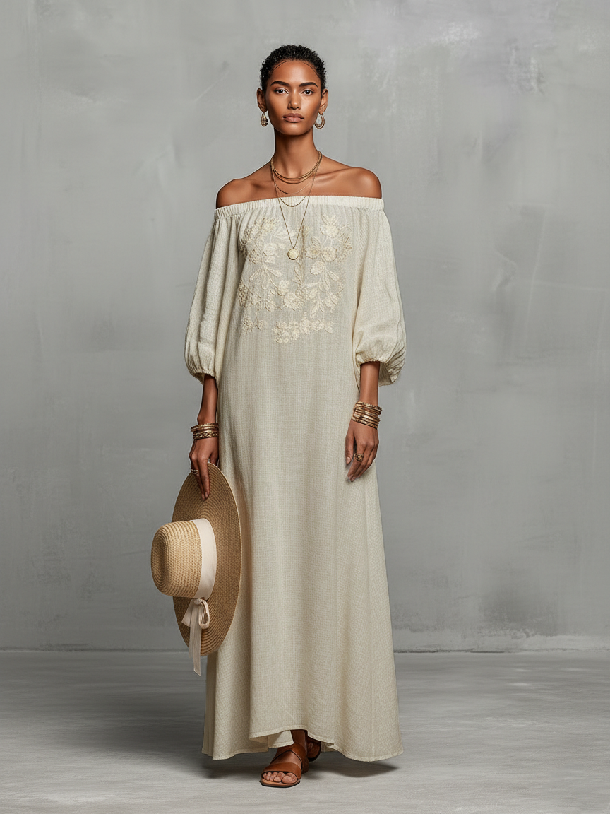 Constança | Vestido Maxi com Ombros de Fora e Bordado Delicado