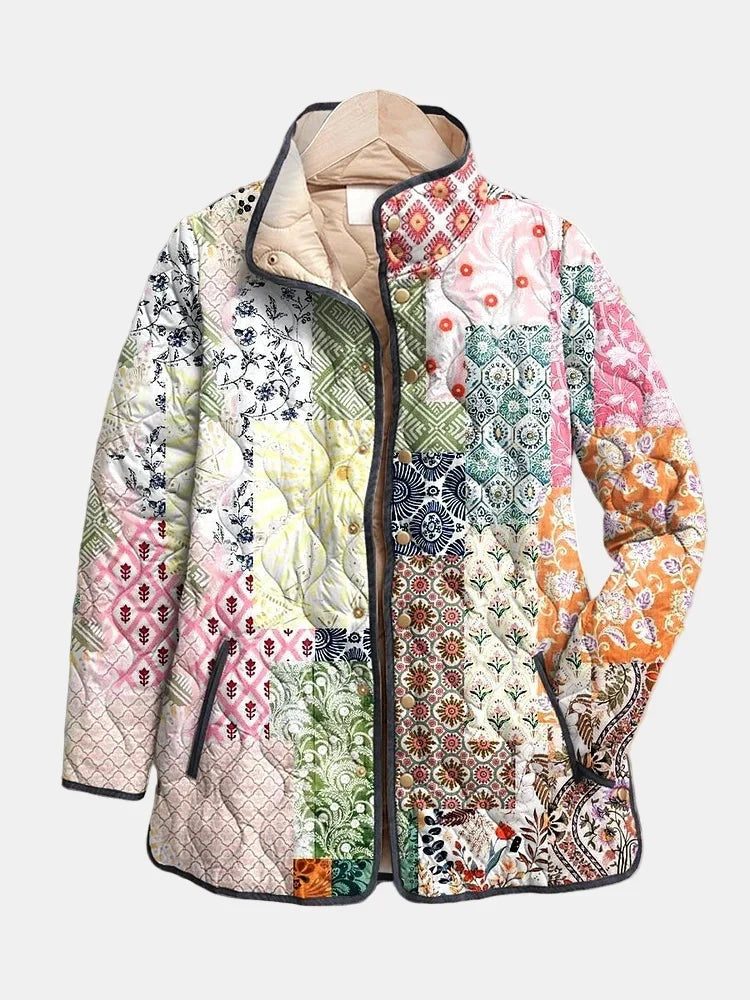 Carolina | Casaco Acolchoado Estampado Patchwork Mulher Gola Alta