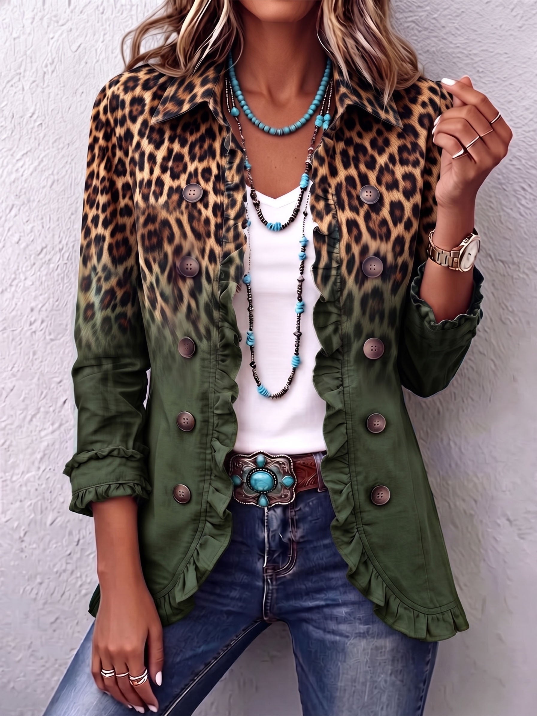 Carolina | Casaco Ganga Estampado Leopardo Mulher Manga Comprida