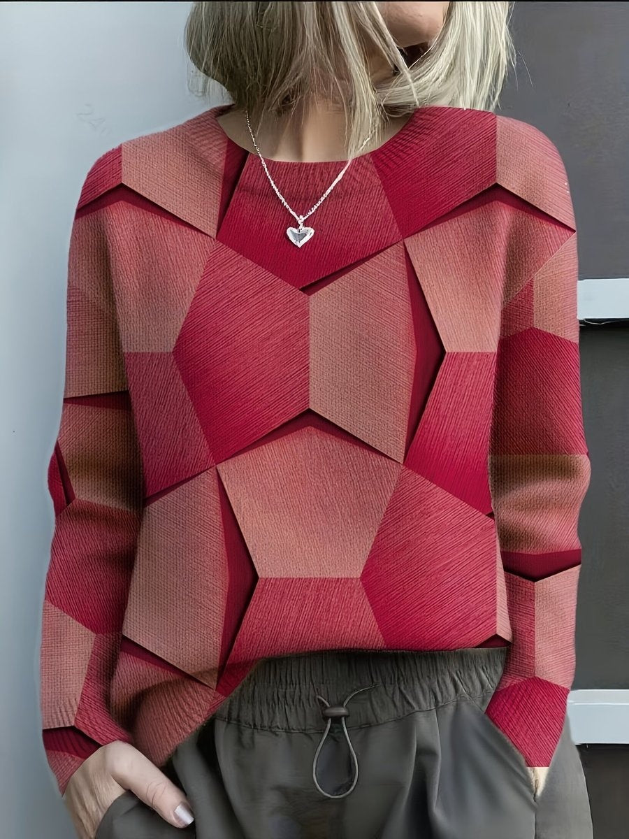 Catarina | Camisola de Malha Estampado Geométrico Mulher Manga Comprida Gola Redonda
