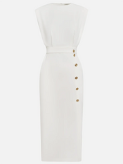 Aina - Vestido midi liso com fenda de botões e decote redondo