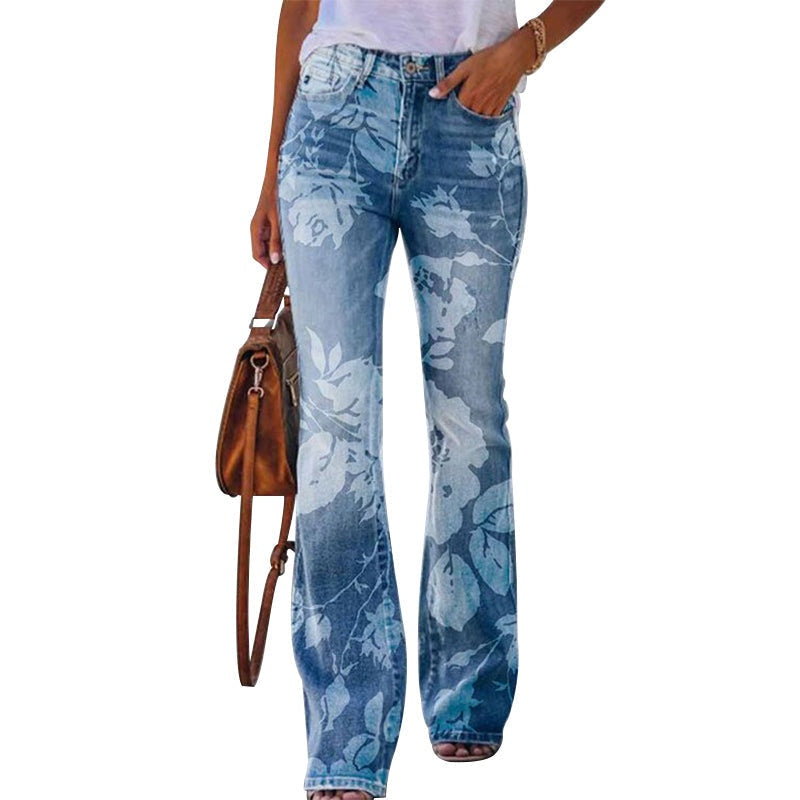 Constança | Jeans Flare Estampado Floral Mulher Cintura Alta