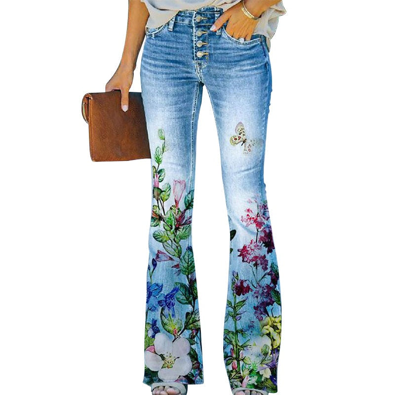 Constança | Jeans Flare Estampado Floral Mulher Cintura Alta