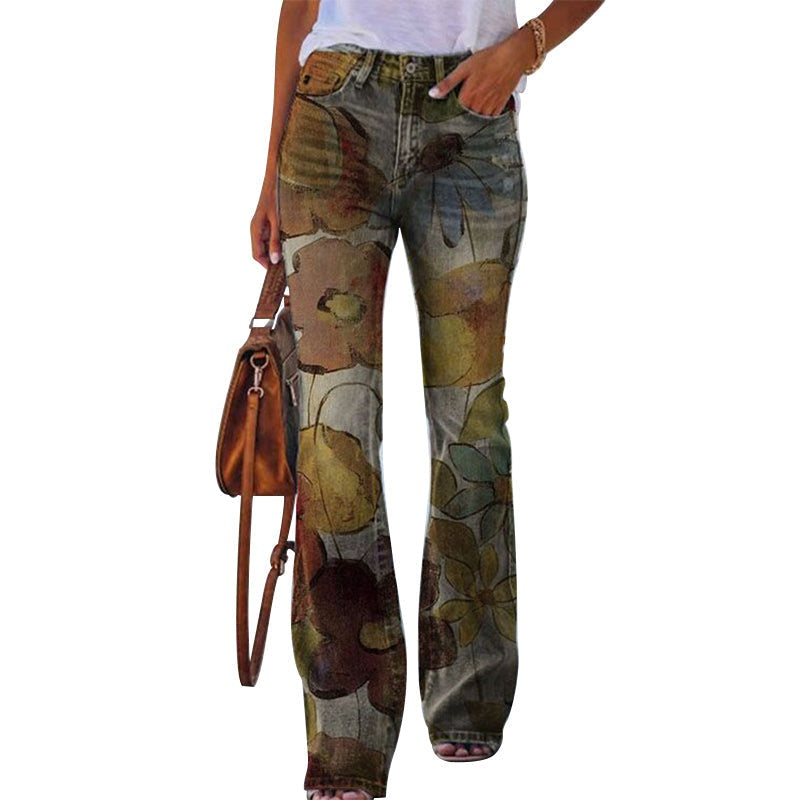 Constança | Jeans Flare Estampado Floral Mulher Cintura Alta