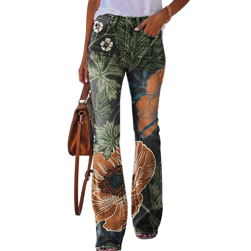 Constança | Jeans Flare Estampado Floral Mulher Cintura Alta