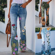 Constança | Jeans Flare Estampado Floral Mulher Cintura Alta