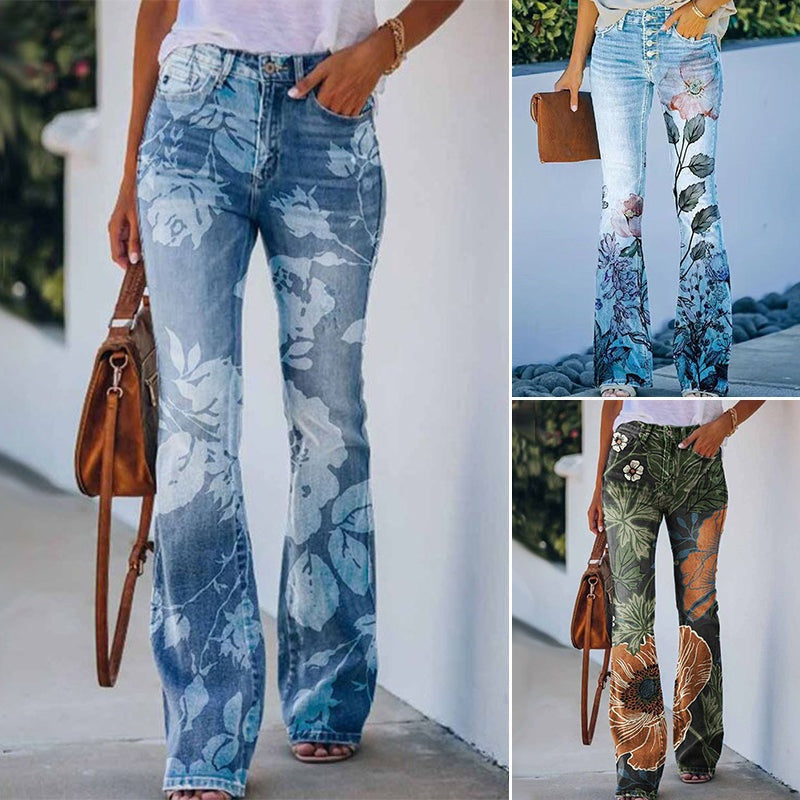 Constança | Jeans Flare Estampado Floral Mulher Cintura Alta