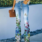 Constança | Jeans Flare Estampado Floral Mulher Cintura Alta