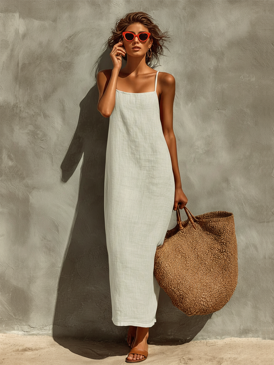 Vestido de Algodão com Alças Finas e Decote Quadrado, Estilo Boho-Resort Intemporal