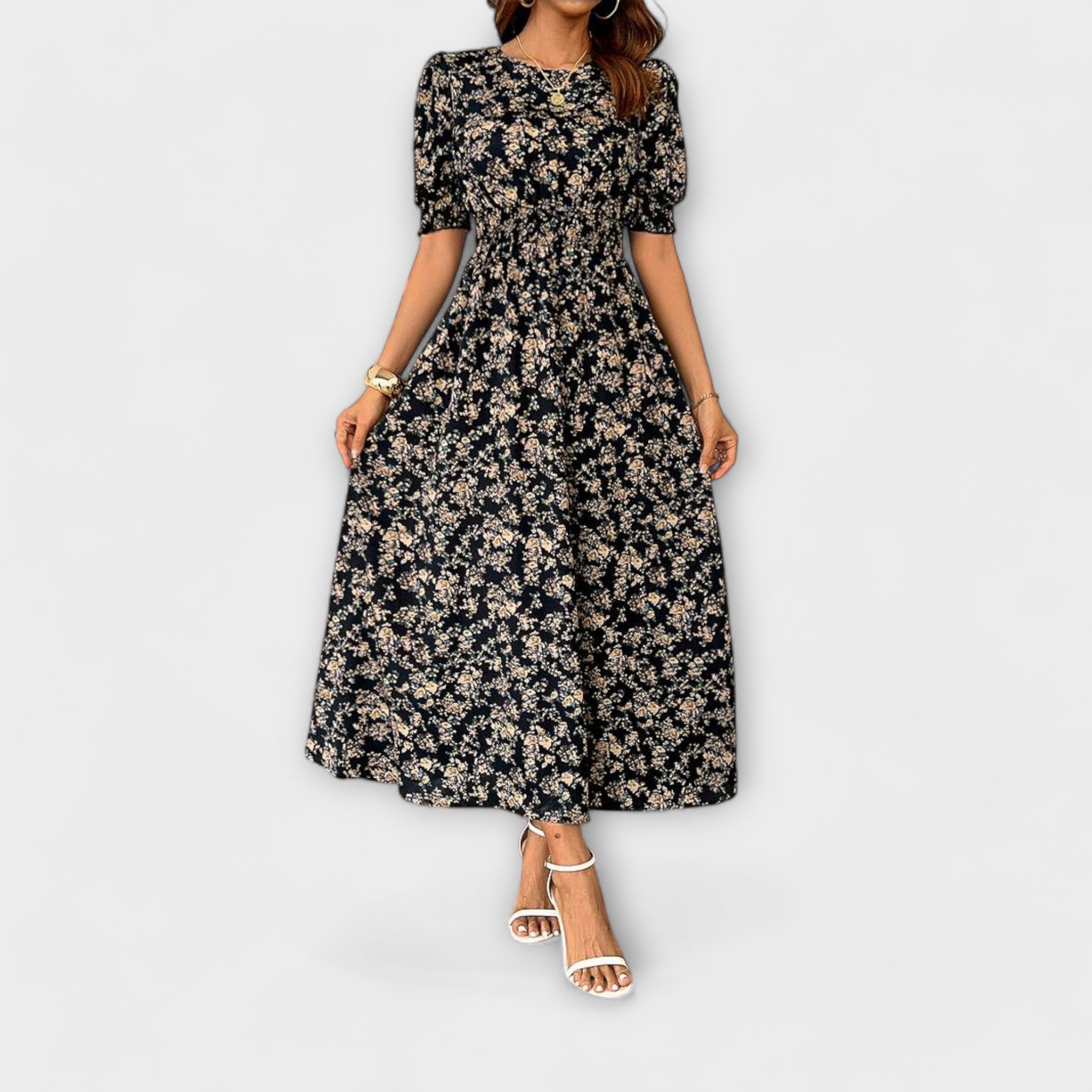 Amelia – Vestido com Decote Redondo e Padrão Floral