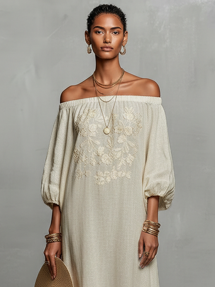 Constança | Vestido Maxi com Ombros de Fora e Bordado Delicado