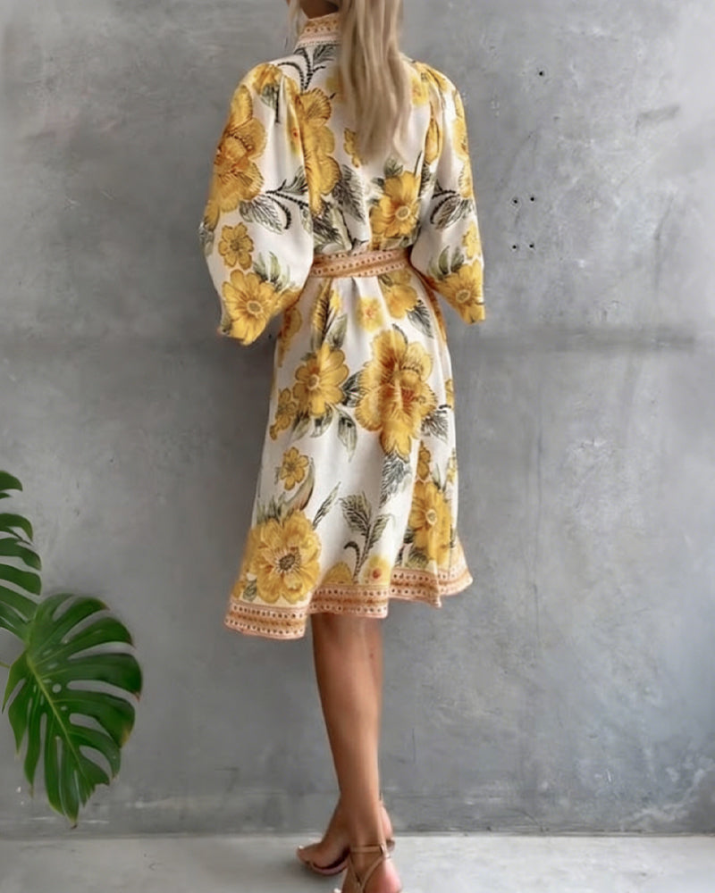 Rosalva - Robe Manga Lanterna Colar Crantado Impresso para Mulher