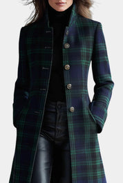 Daniela | Sobretudo Comprido de Fazenda Xadrez Mulher Gola Mandarim