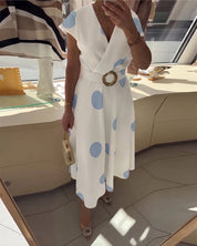 Lorena - Vestido midi para mulher com bolinhas e decote em V