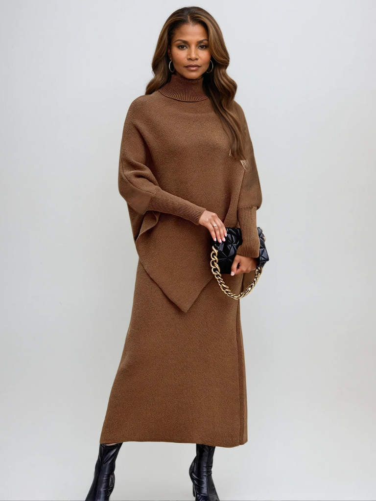 Diana | Conjunto de Malha Mulher Poncho Gola Alta Saia Midi