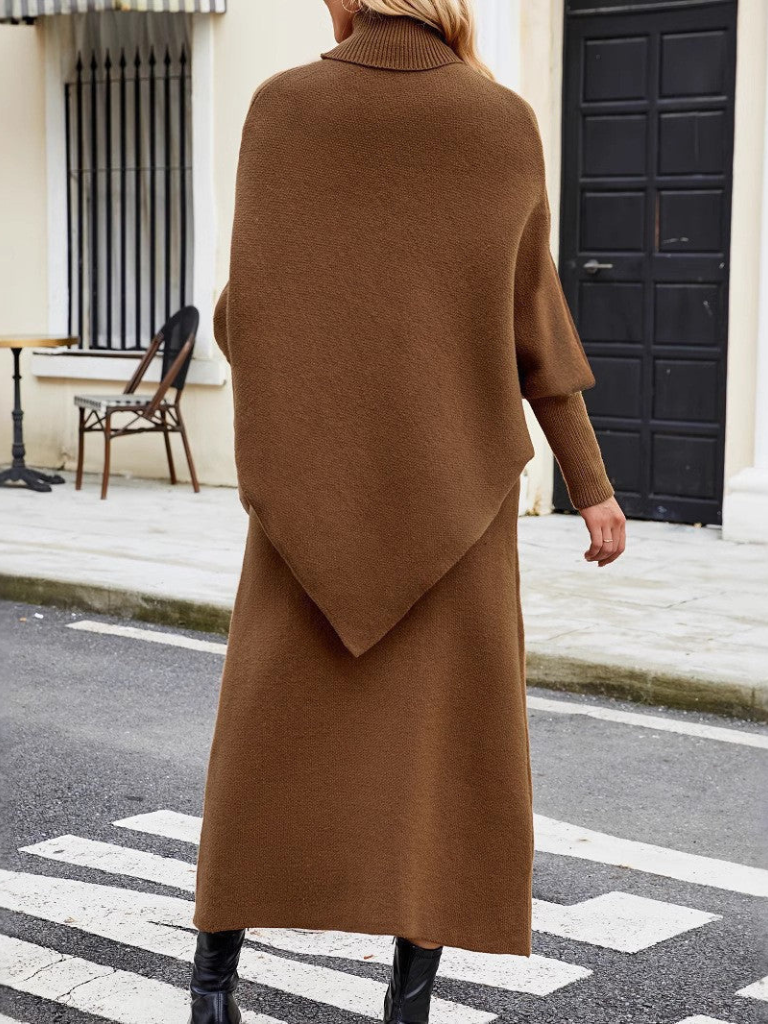 Diana | Conjunto de Malha Mulher Poncho Gola Alta Saia Midi