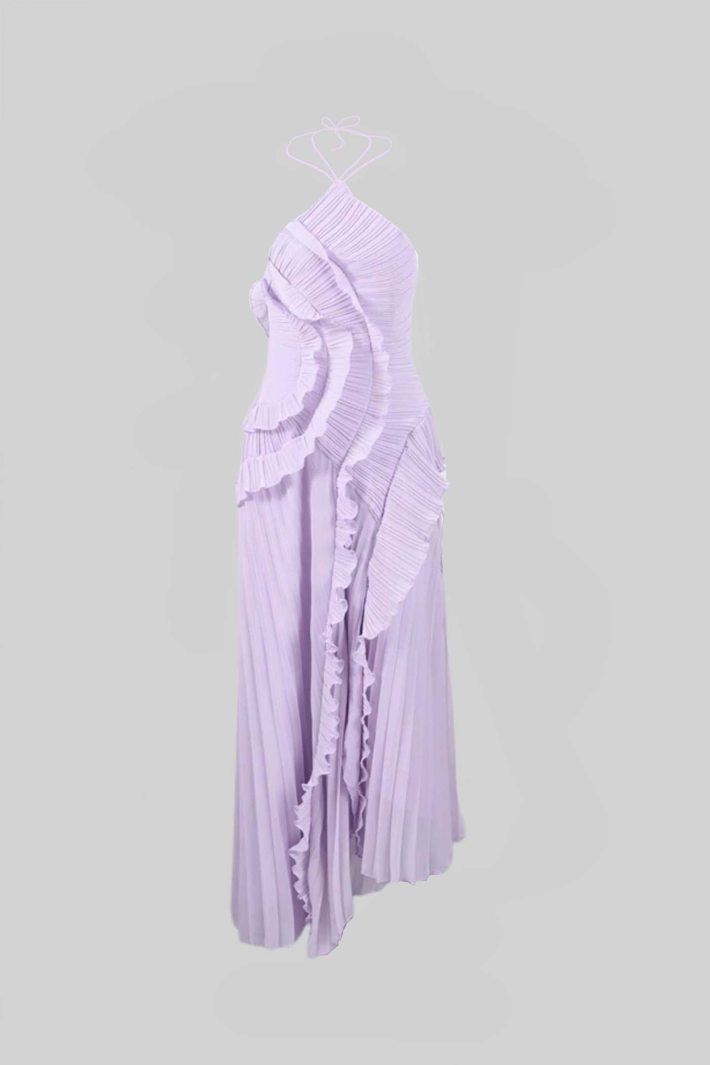 Amélia | Vestido Midi Plissado Halter com Babados em Cascata — Lavanda