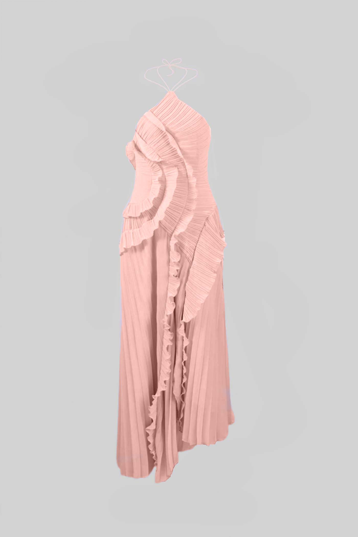 Filipa | Vestido Midi Plissado Halter com Babados em Cascata — Rosa