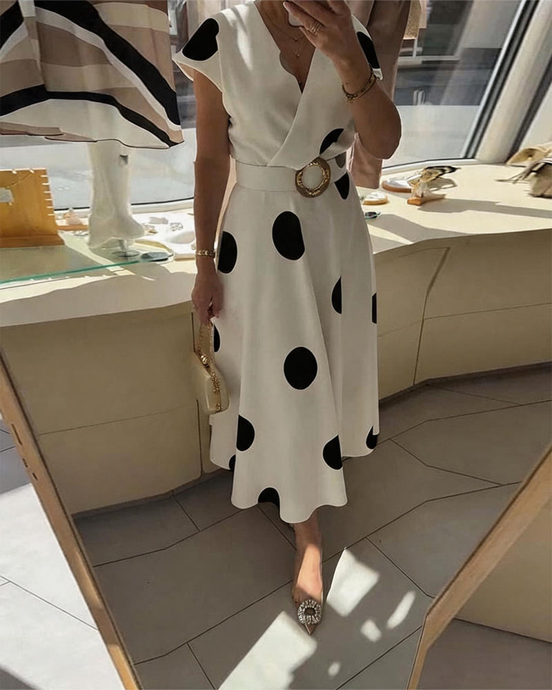 Lorena - Vestido midi para mulher com bolinhas e decote em V