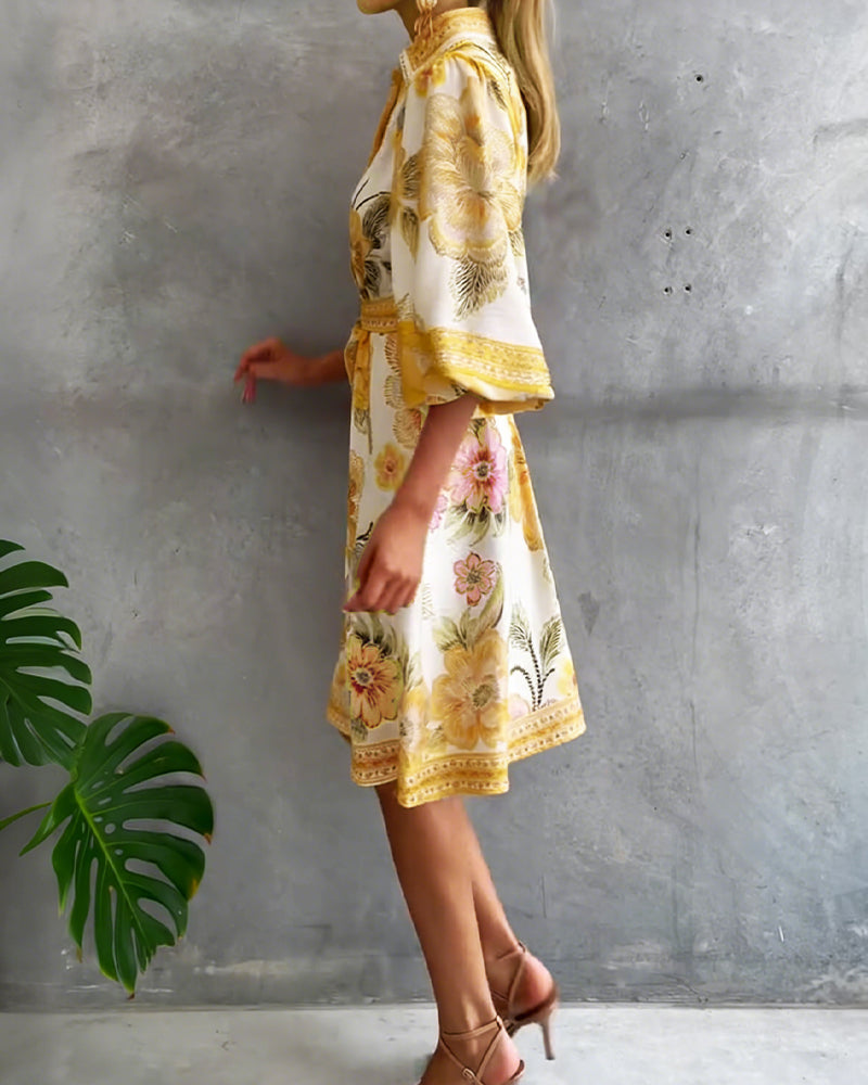 Rosalva - Robe Manga Lanterna Colar Crantado Impresso para Mulher
