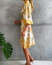 Rosalva - Robe Manga Lanterna Colar Crantado Impresso para Mulher