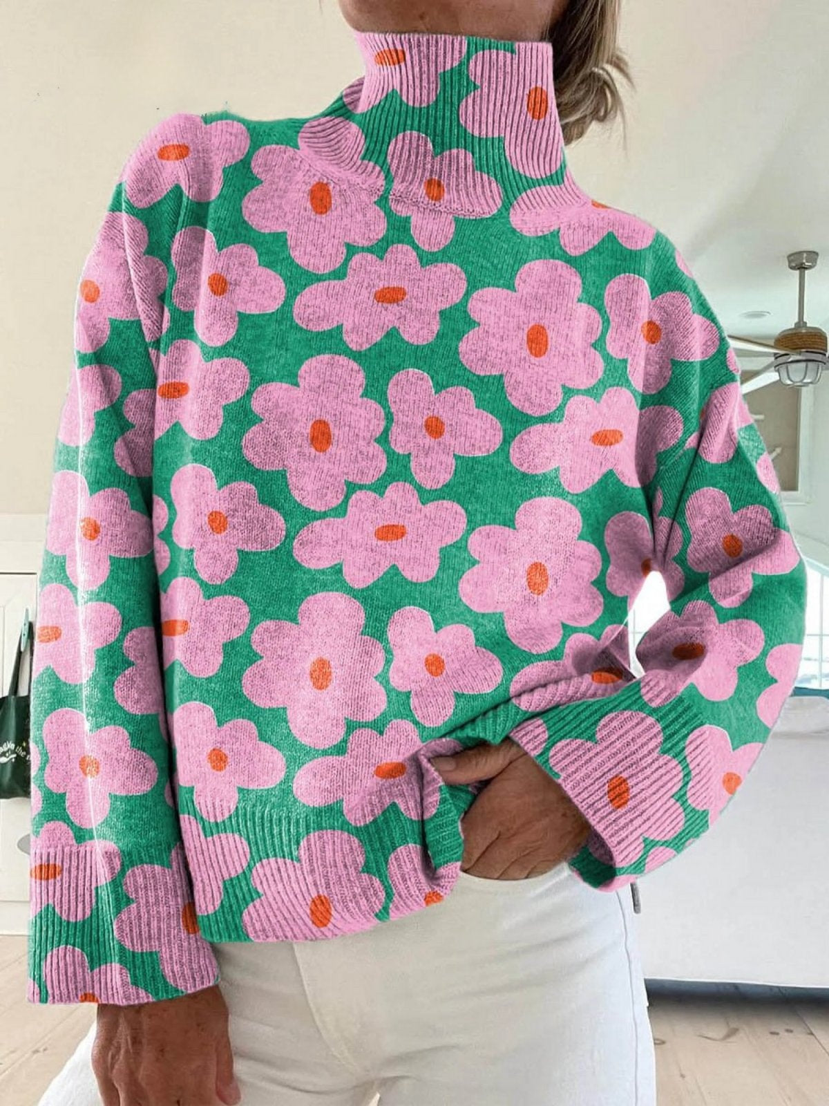 Elisabete | Camisola de Malha Floral Mulher Gola Alta Manga Longa