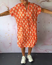 Liora™ | Vestido solto de primavera com gola de lapela e mangas curtas