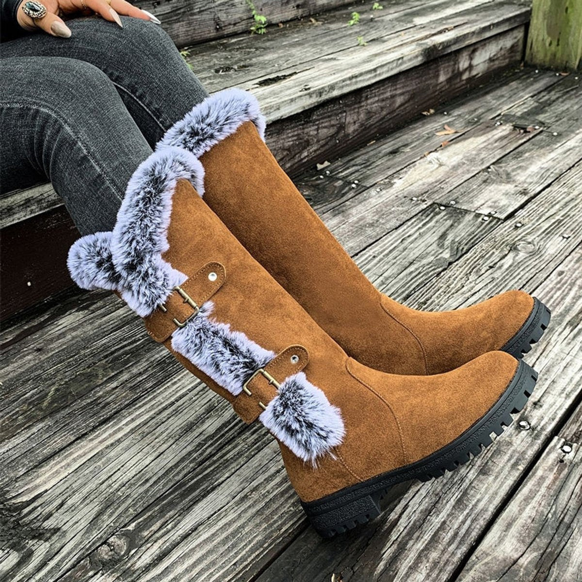 Fernanda | Botas de Inverno Mulher Cano Alto Forradas Pelo Fivelas